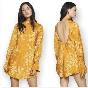 Free People Aries Long Sleeve Floral Silky Mini Dress S Golden Combo New w/Flaw